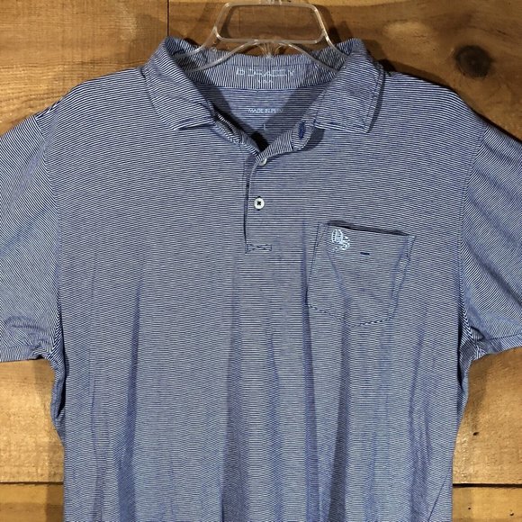 B. Draddy Polo Golf Shirt Mens Size Large OS Logo Pocket Pinstripe Blue EUC - Picture 3 of 12